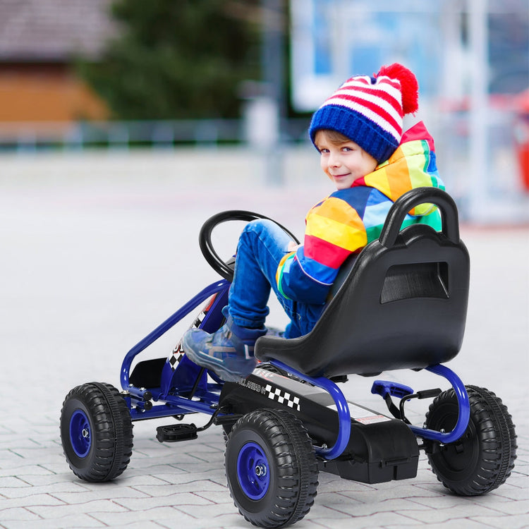 Vehículo eléctrico de cuatro ruedas a pedales con asiento ajustable - Azul